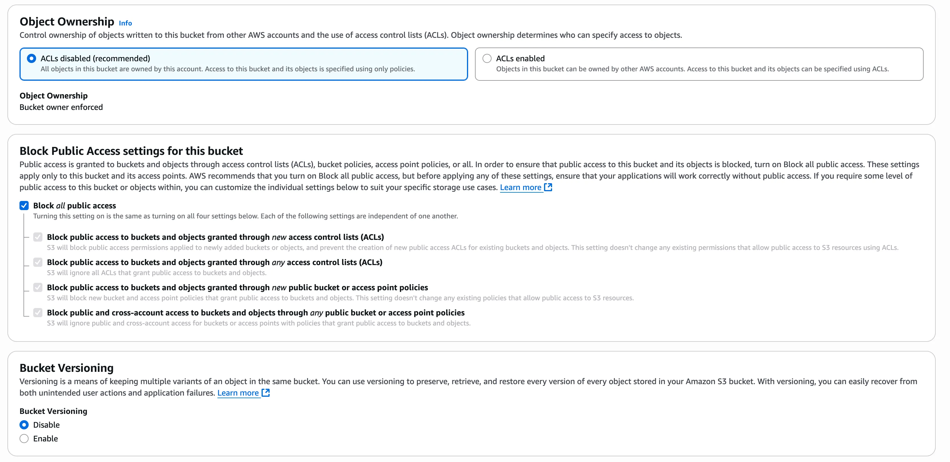 S3 Bucket Configuration Settings
